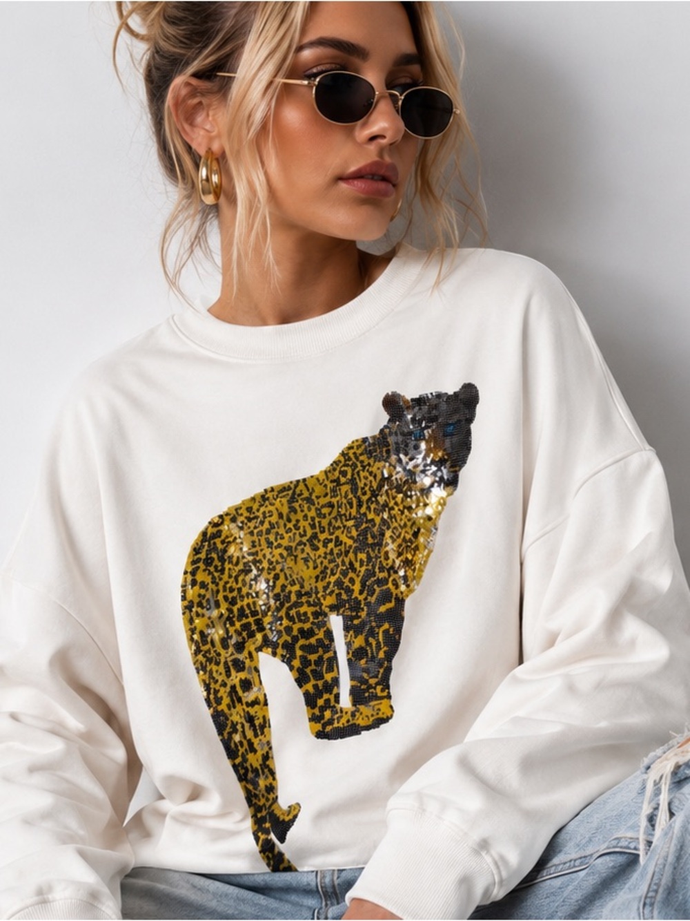 Blue Velvet Oversized Sweatshirt Pullover - Sequined Leopard